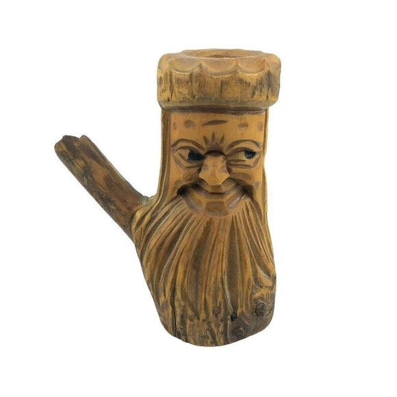 Carved Wood Taper Candle Holder Smiling Bearded Man Face Natural Rustic Handmade - Picture 7 of 7